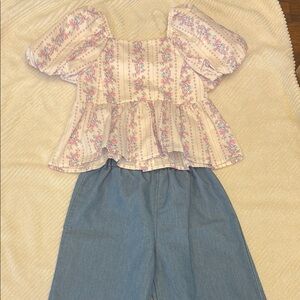 Kids Floral Puff Sleeve Top and Blue Pants Set